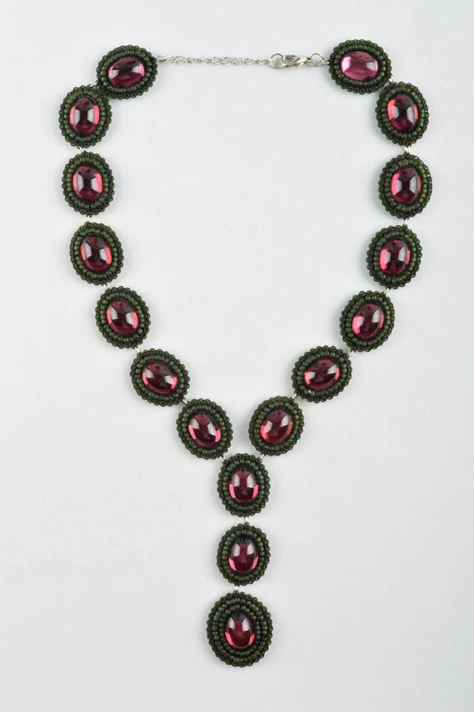 Collier fantaisie Bijou fait main rouge vert cuir verre perles Accessoire femme photo 2