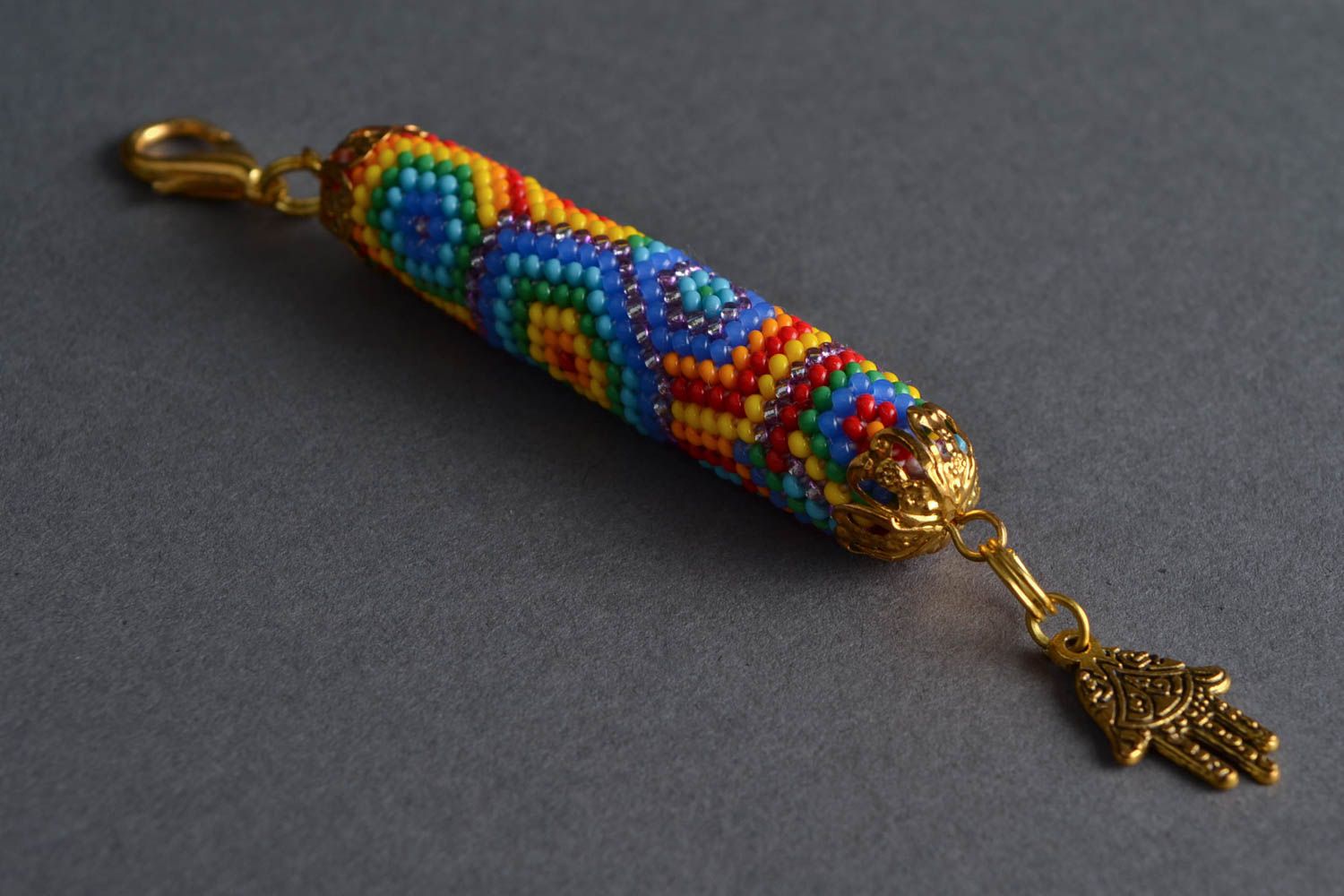 Unusual beautiful handmade beaded keychain or bag charm Hamsa Hand photo 1