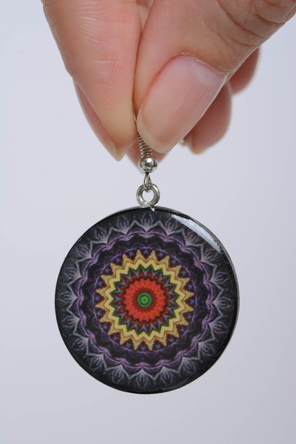 Earrings made of polymer clay with decoupage handmade round purple jewelry photo 4