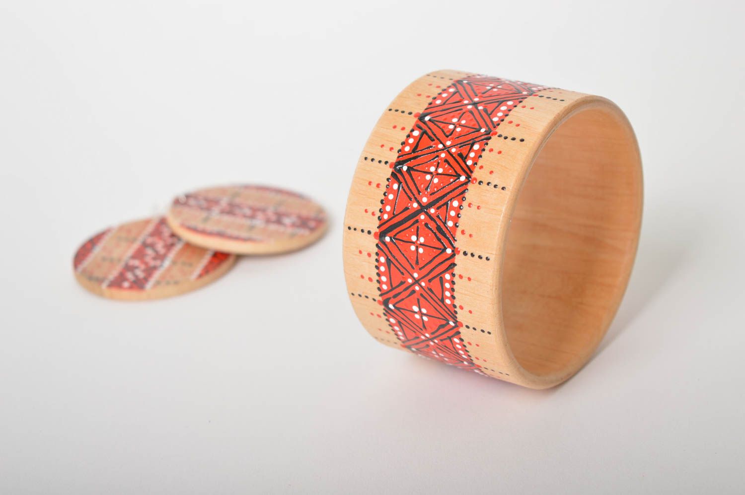 Деревянные украшения ручной работы модные серьги женский браслет расписные фото 3