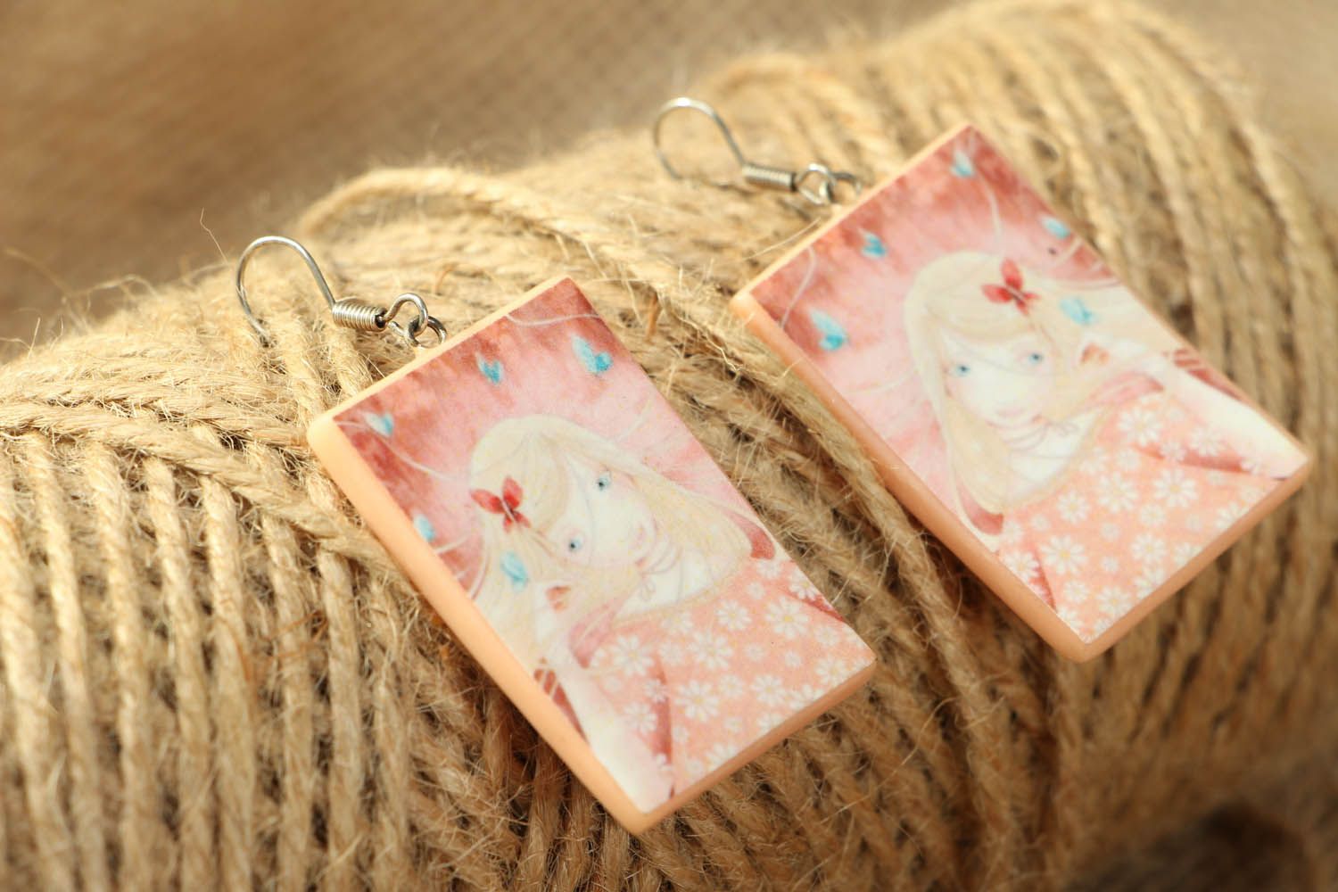 Pink decoupage earrings photo 3