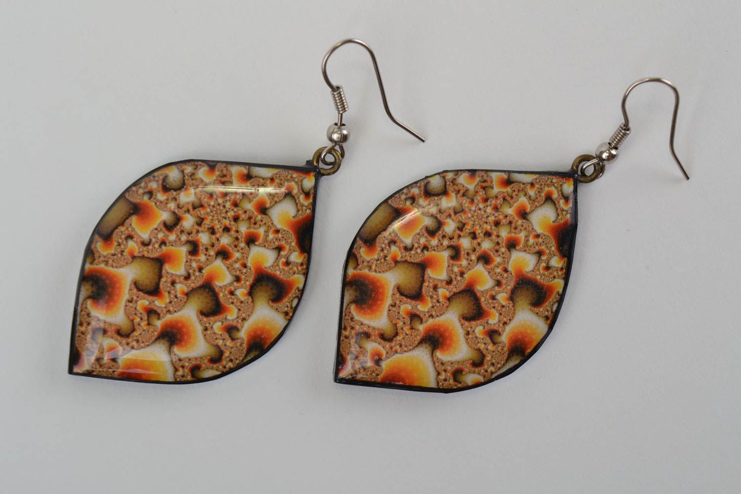 Beautiful handmade designer polymer clay earrings with decoupage Brown Leaves photo 3