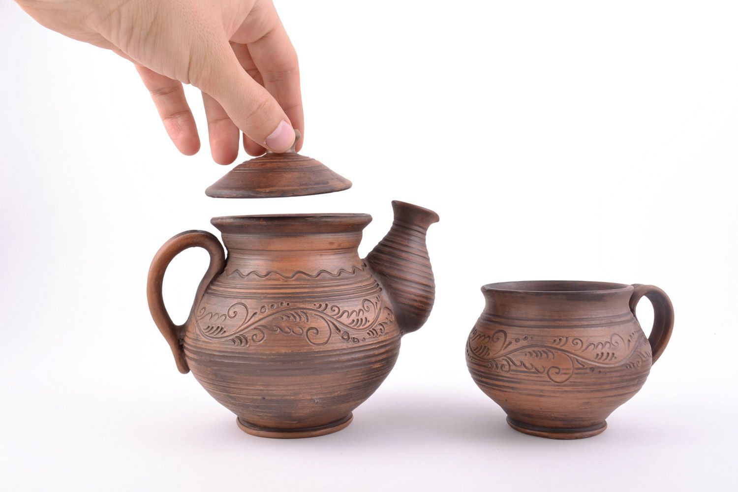 Ensemble de théière et tasse en céramique brun fait main 2 pièces 40 et 20 cl  photo 2