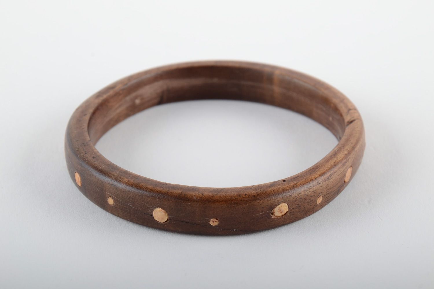 Handmade thin wrist bracelet carved of wood with intarsia for women photo 1