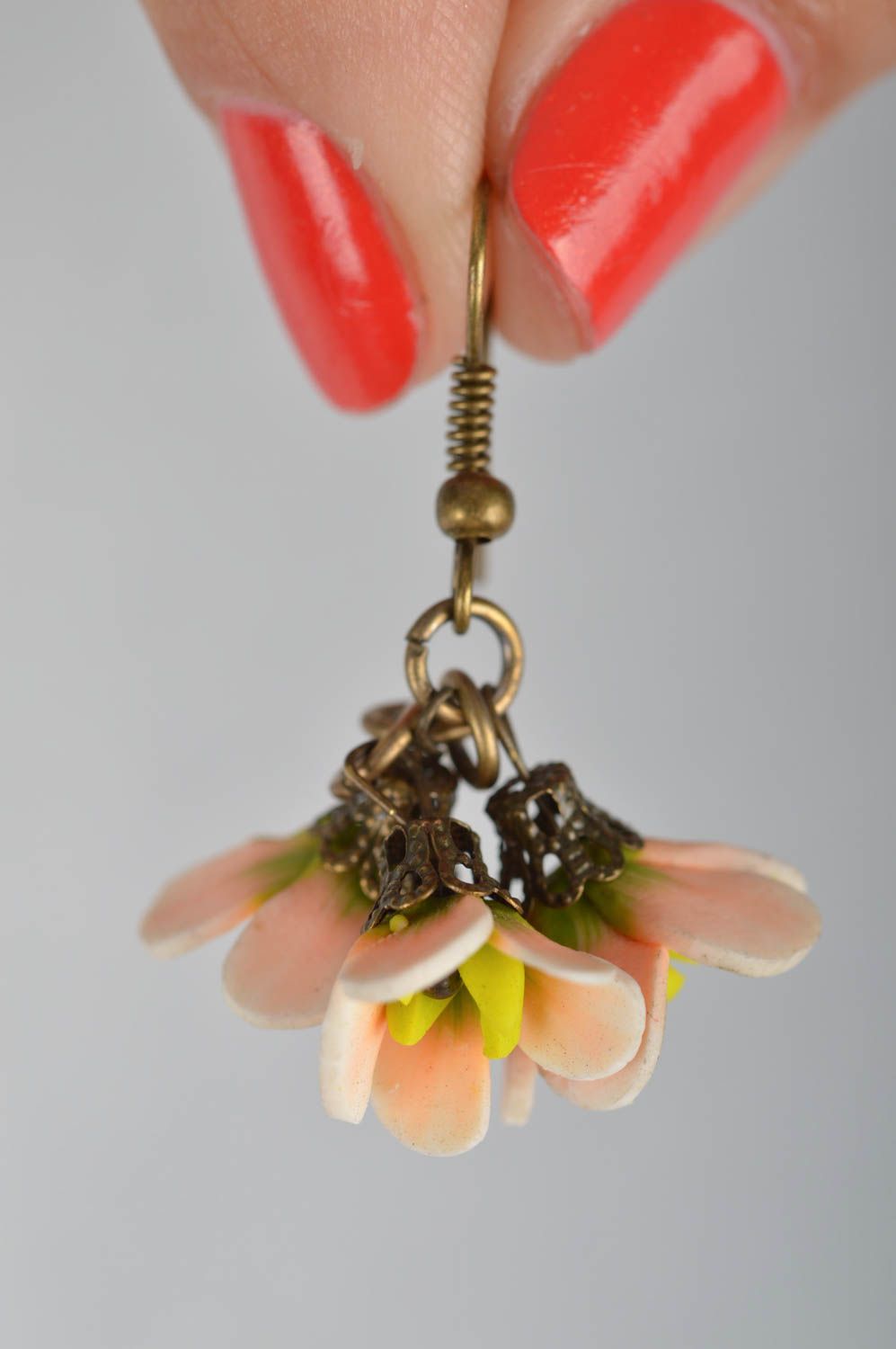 Handmade designer dangling earrings with polymer clay tender flowers photo 3