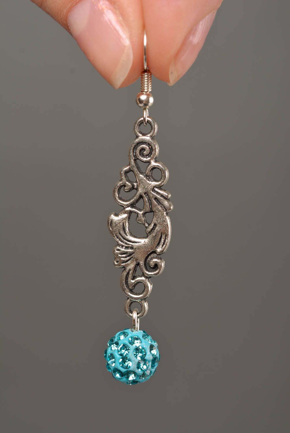 Handmade designer lacy metal dangle earrings with blue beads with rhinestones photo 2