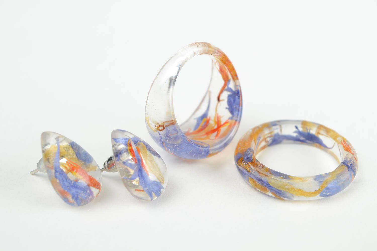 Handmade real flower jewelry set 2 rings for women epoxy resin stud earrings photo 4