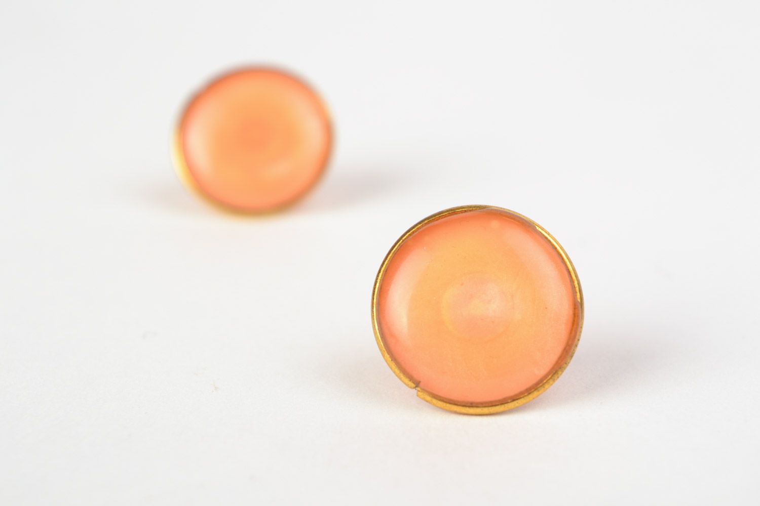 Handmade metal stud earrings of peach color with jewelry glaze for women photo 5