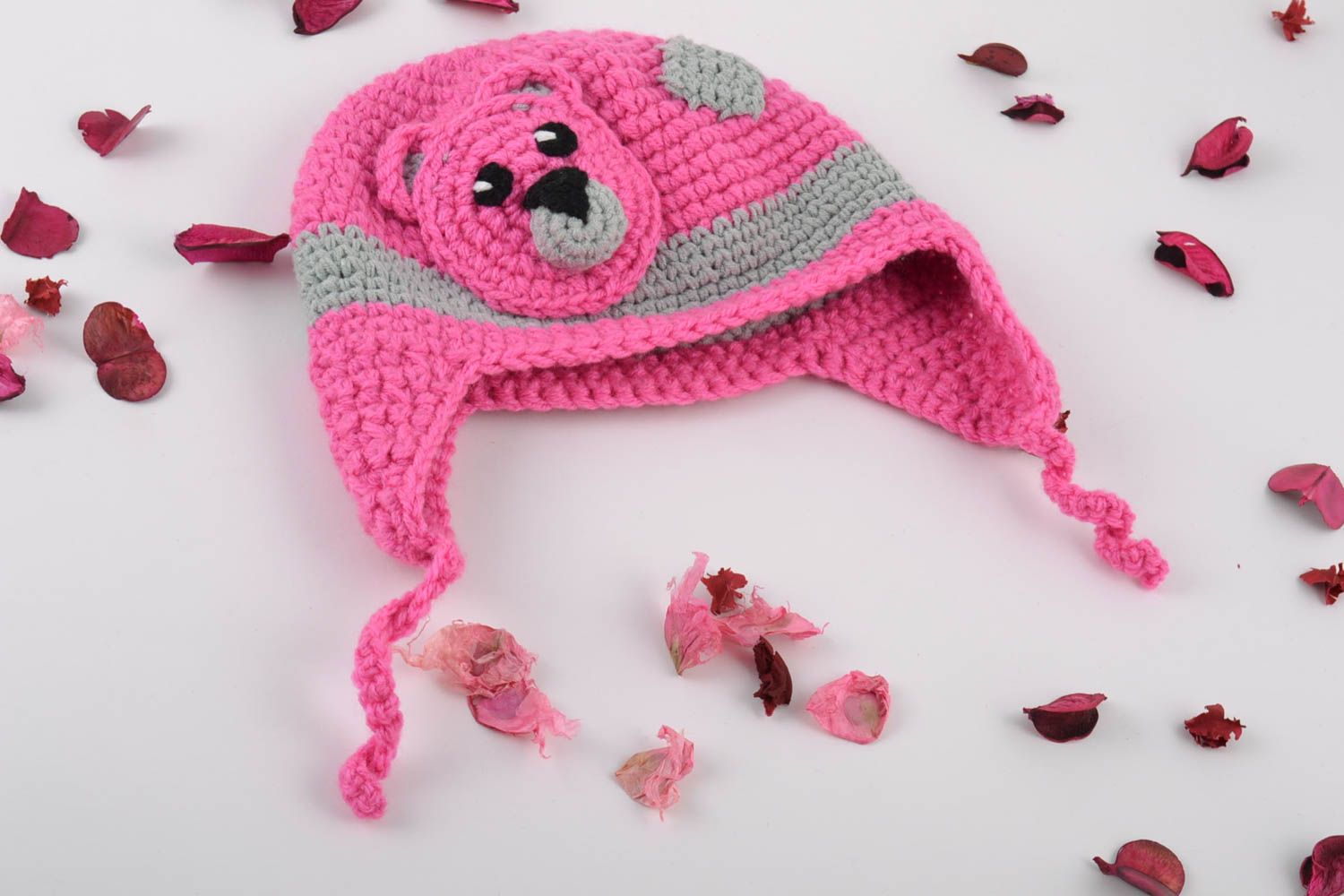 Handmade baby girl hat crocheted of pink and gray cotton threads with bear muzzle photo 1