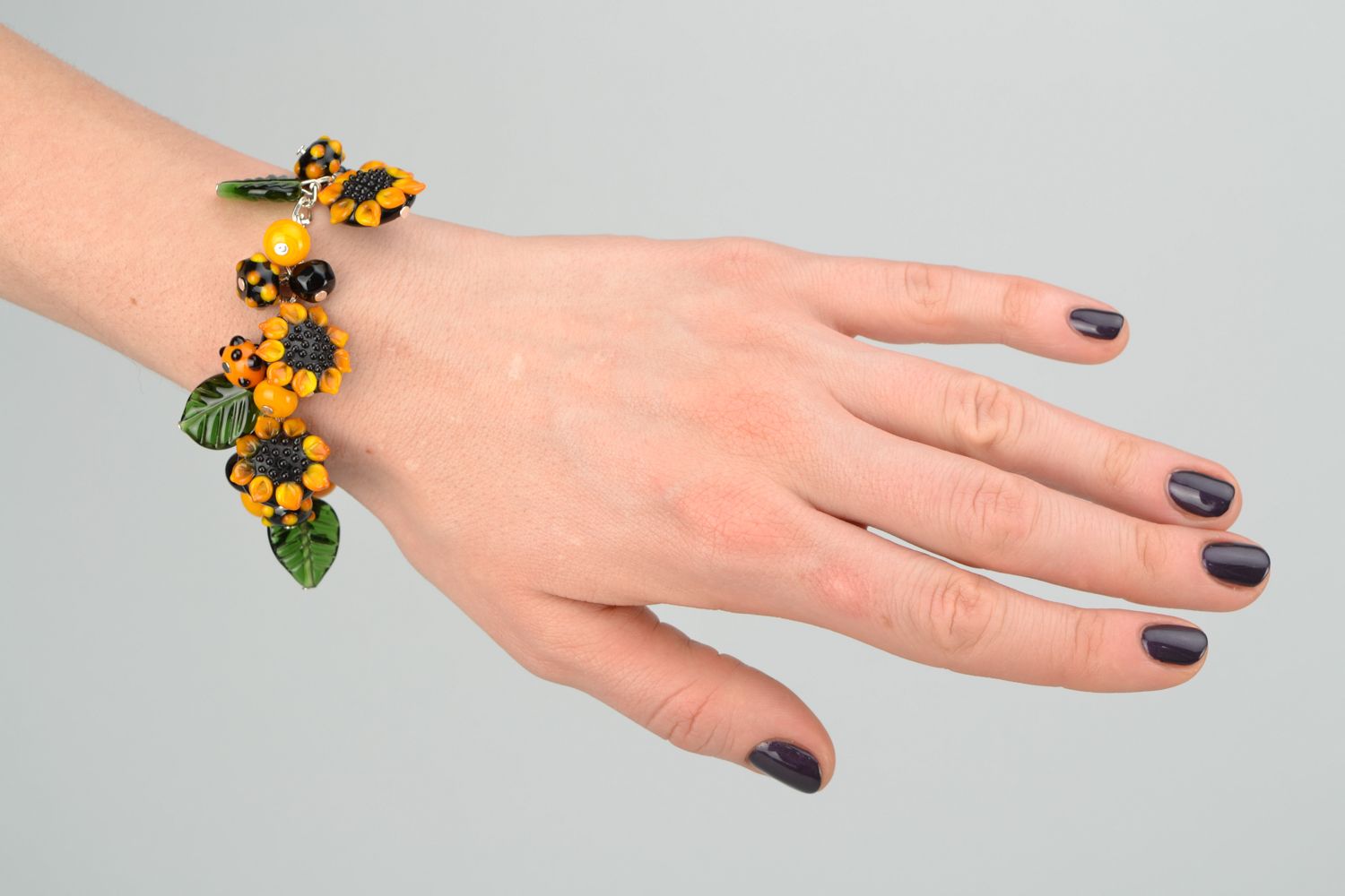 Wrist bracelet with lampwork glass beads Sunflowers photo 3