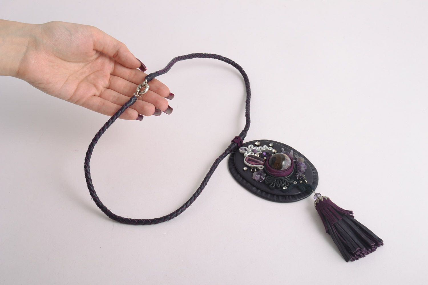 Handmade beautiful leather pendant on a long cord with with natural amethyst stone photo 2
