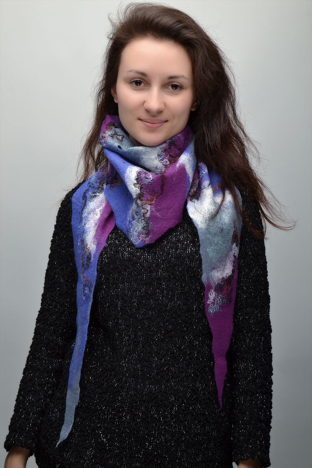 Felted wool scarf in blue color palette photo 2