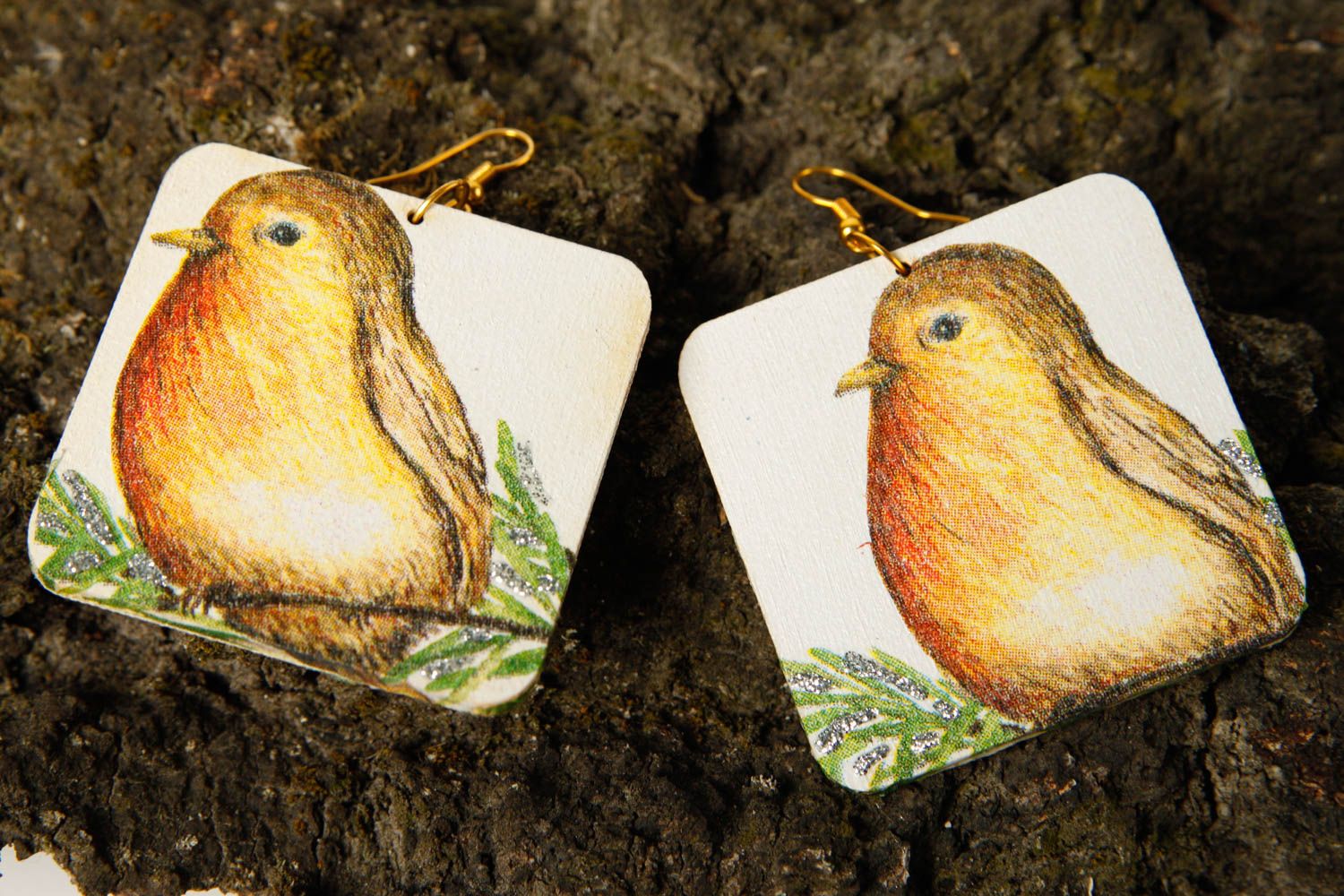 Handmade earrings wooden designer earrings bird patterns decoupage accessories photo 1