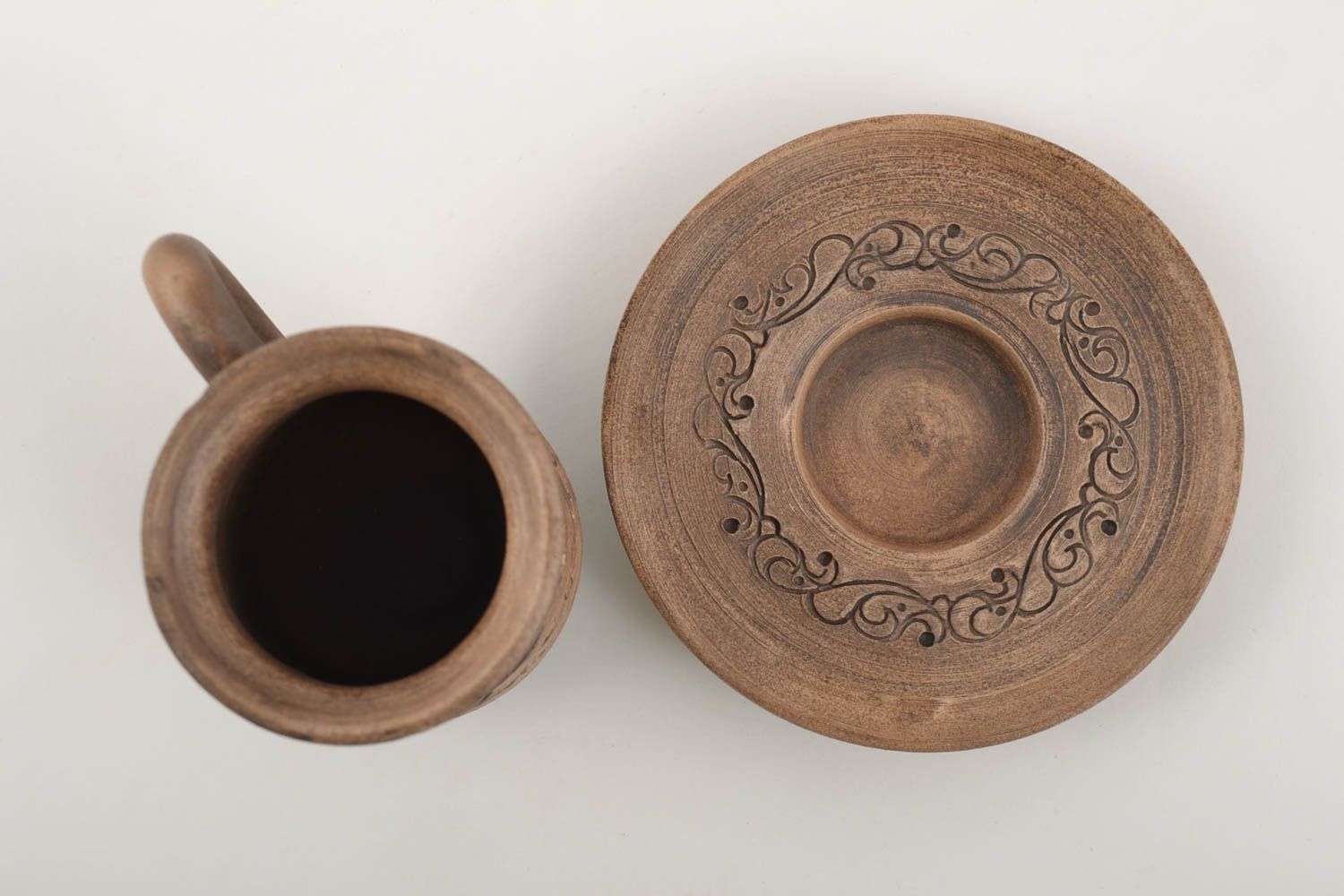 Tasse avec soucoupe en argile faites main 15 cl ethniques poterie originale photo 2