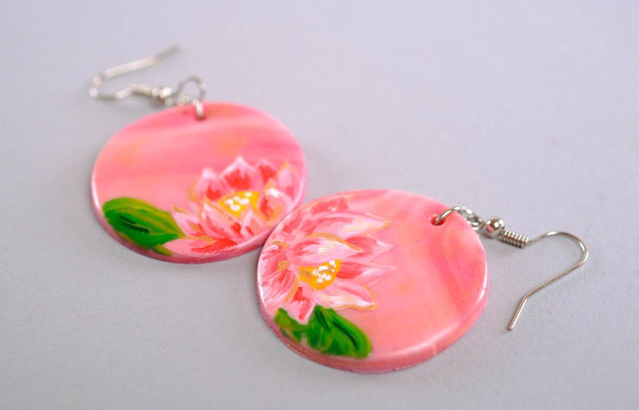 Earrings made of polymer clay Lotus photo 3