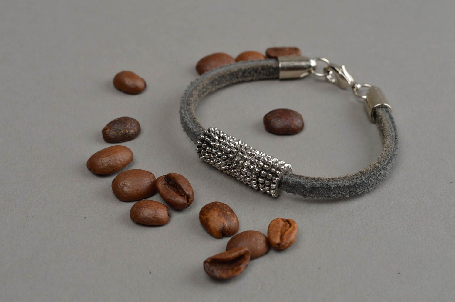 Designer handmade bracelet stylish leather accessory unusual grey jewelry photo 1