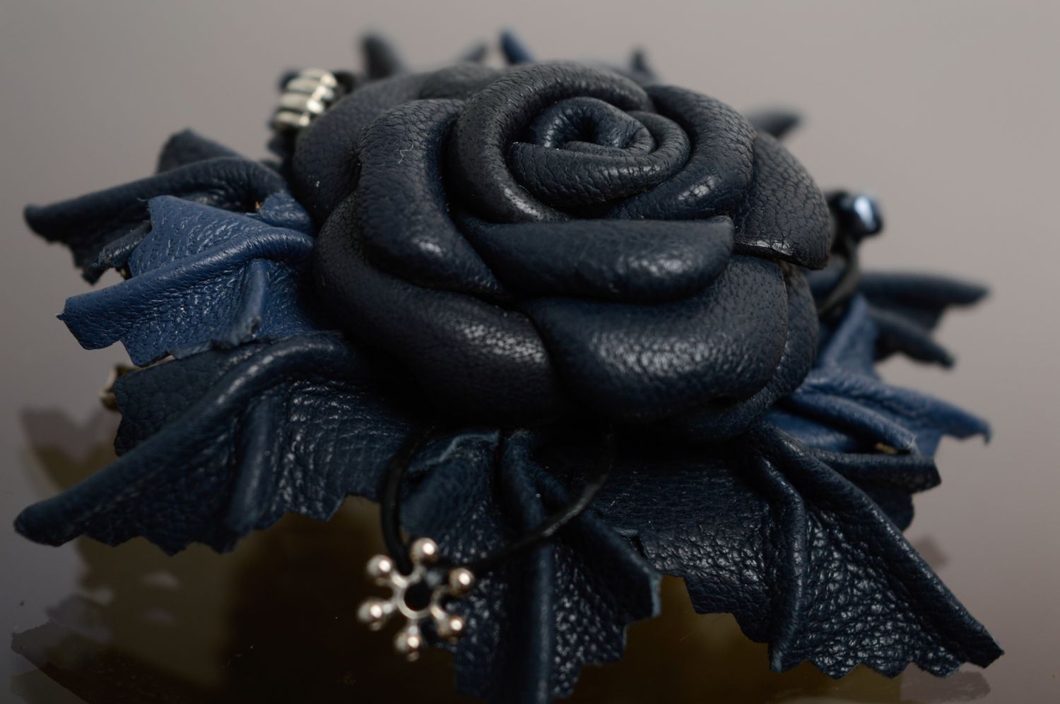 Handmade genuine leather brooch-hair clip Blue Rose photo 3