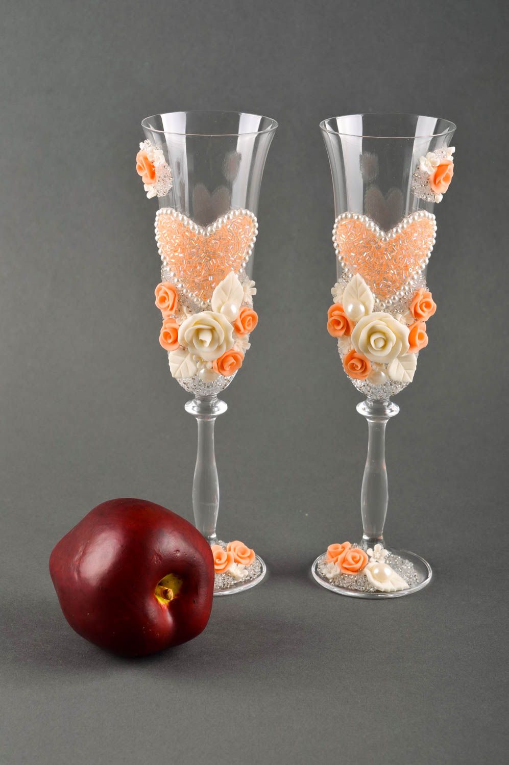 Свадебные бокалы ручной работы свадебные фужеры красивые бокалы персиковые фото 1