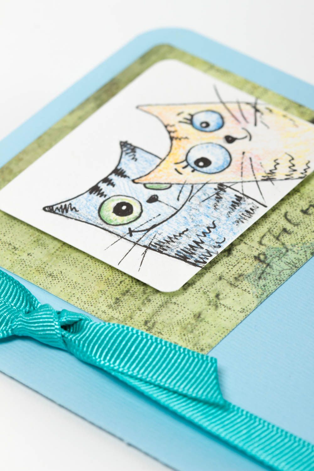 Carte de voeux scrapbooking faite main en papier bleue avec chats Idée cadeau photo 2