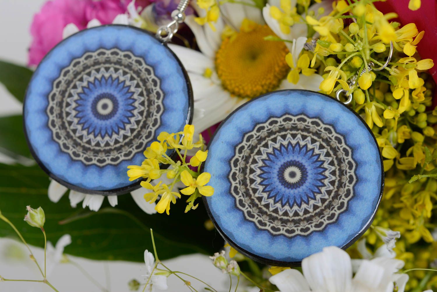 Round earrings in ethnic style made of polymer clay with blue ornament  photo 1