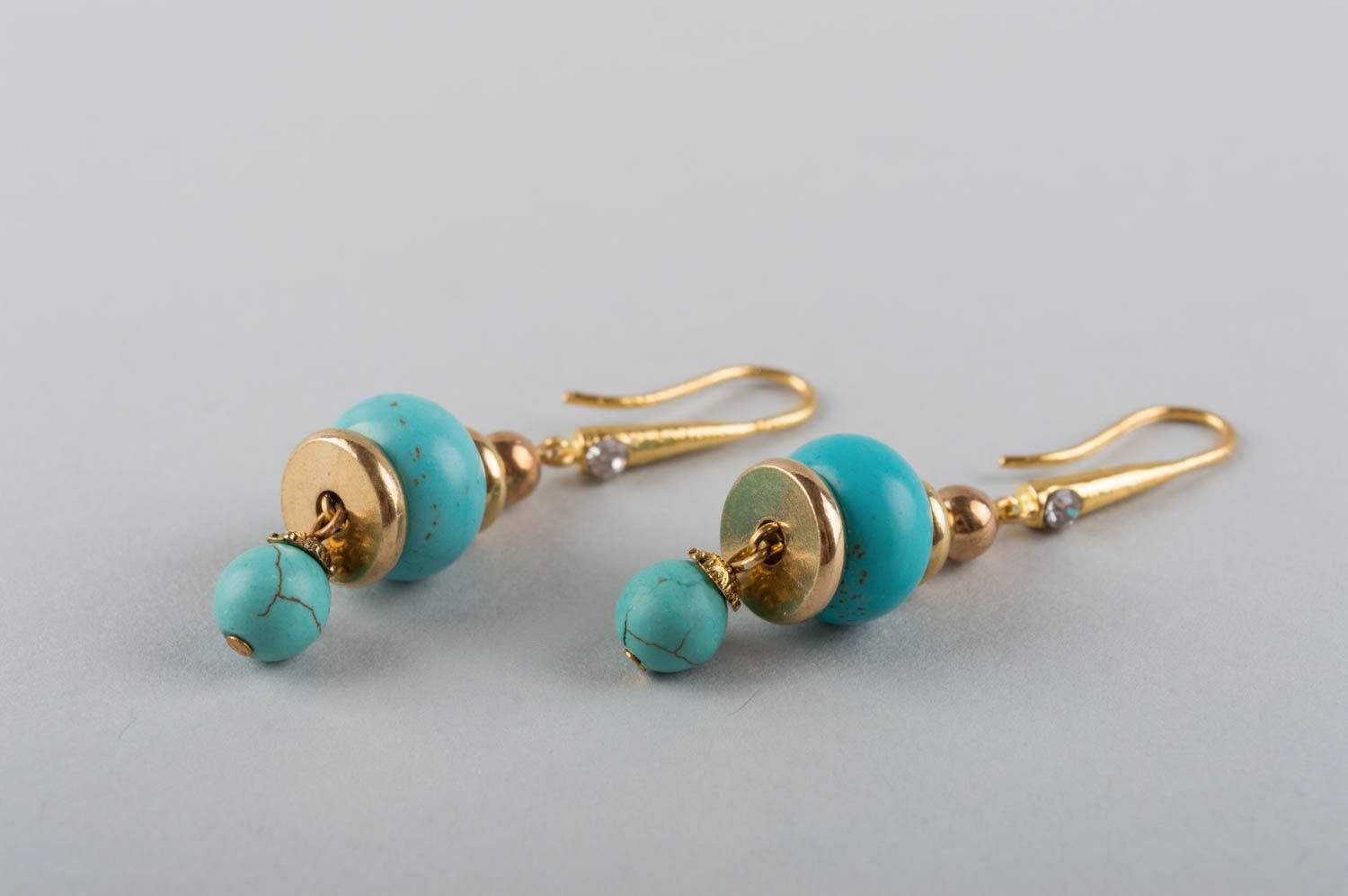 Beautiful elegant handmade designer brass earrings with turquoise natural stone photo 3