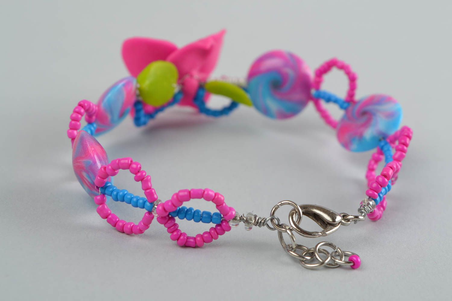 Unusual bright pink handmade designer polymer clay flower bracelet photo 5