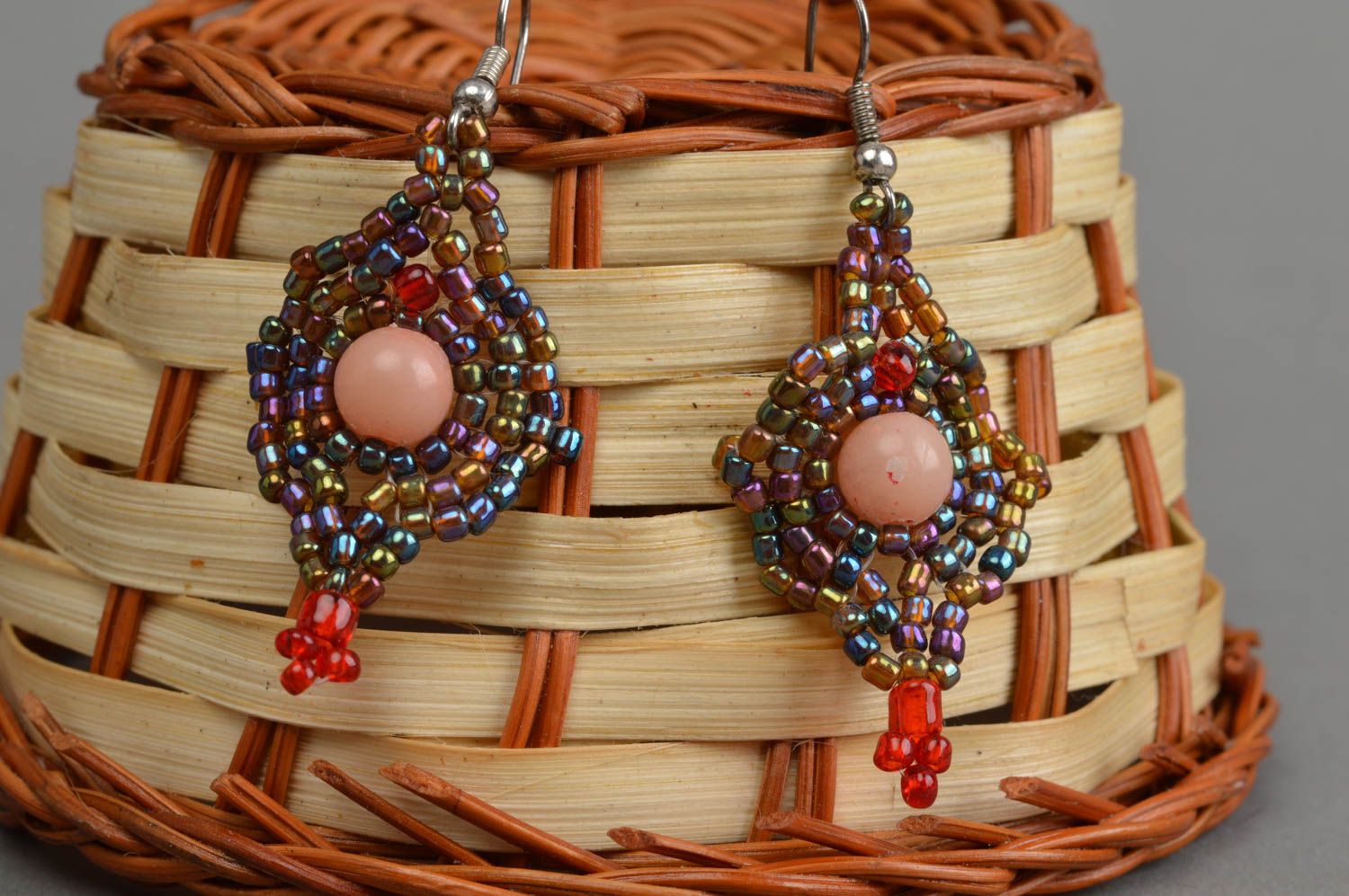 Beautiful festive earrings handmade unusual accessories beaded jewelry photo 1