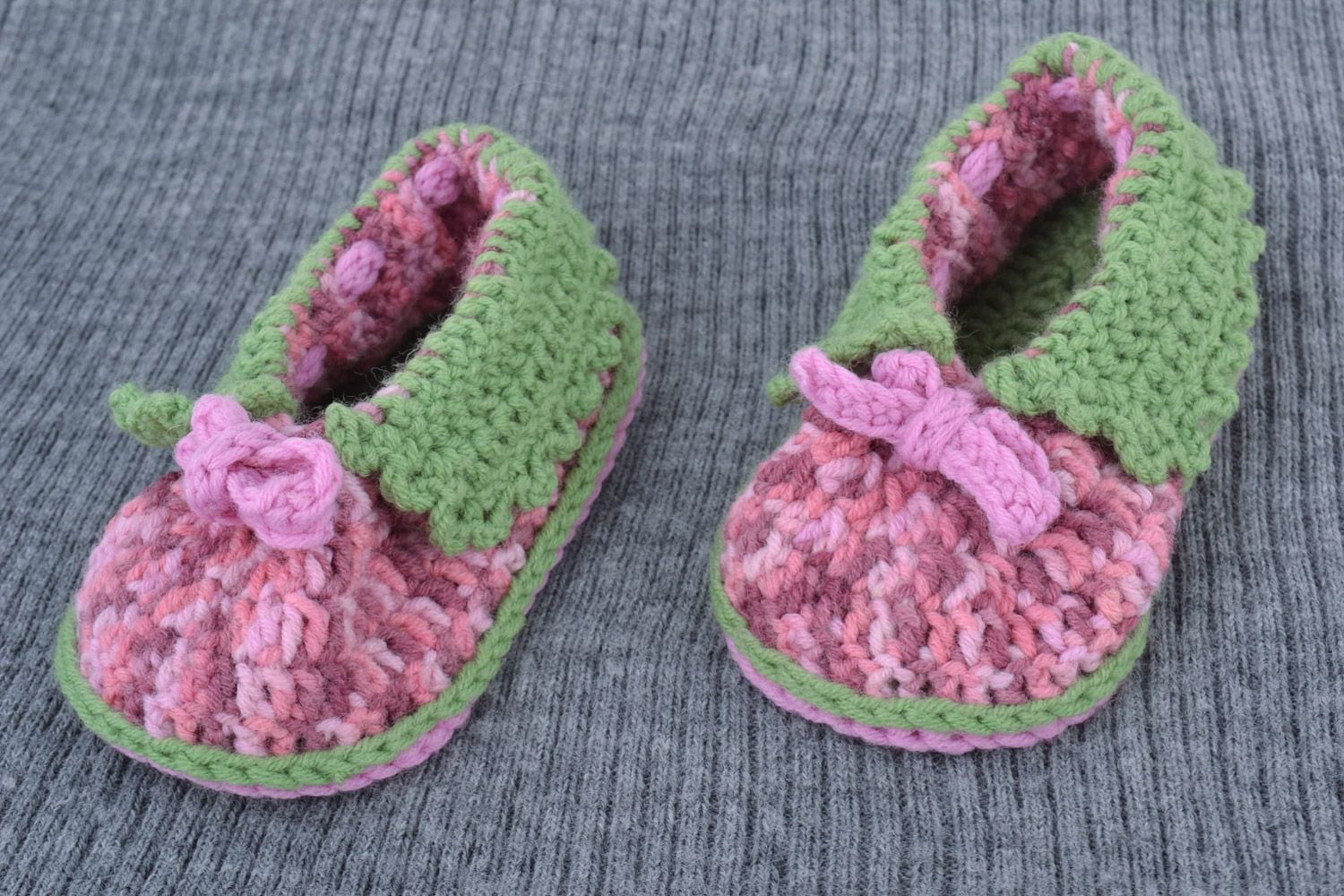 Tender lilac and green handmade baby shoes crocheted of cotton and wool for girl photo 1