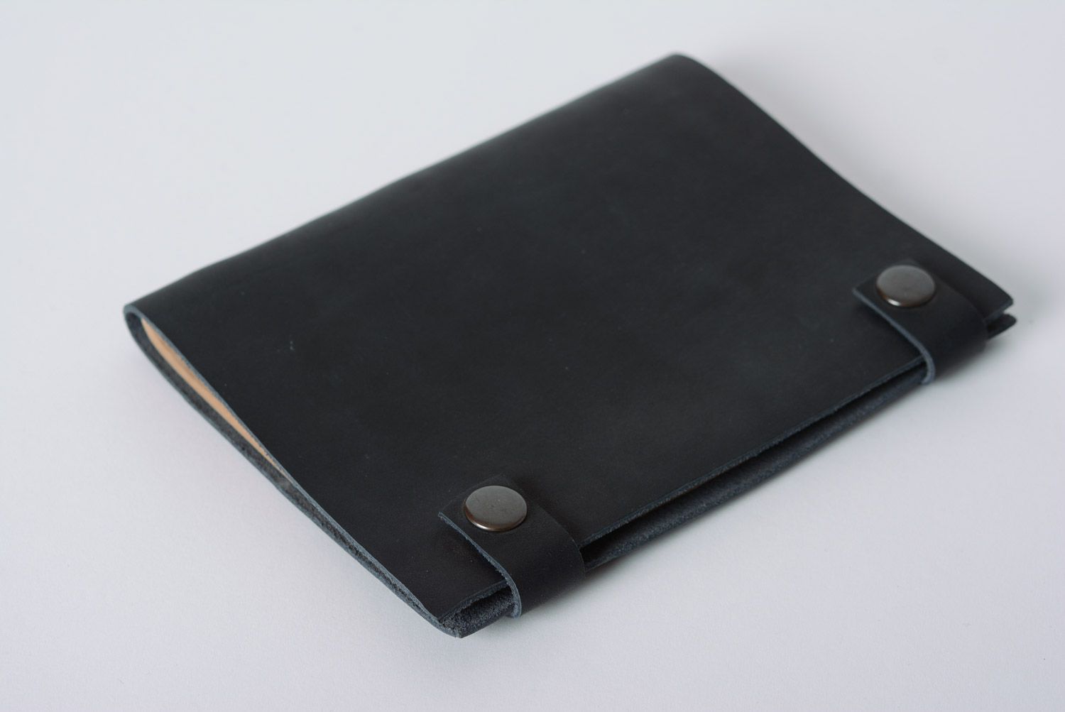 Unusual black handmade notebook with leather cover and kraft paper photo 1