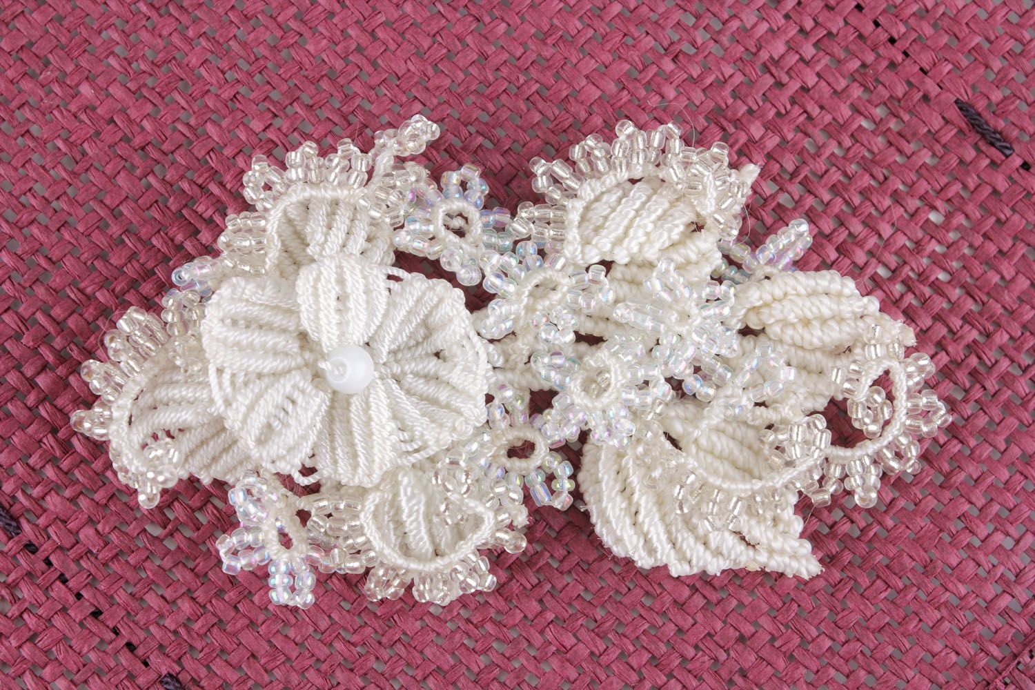 White brooch woven of beads and threads photo 3