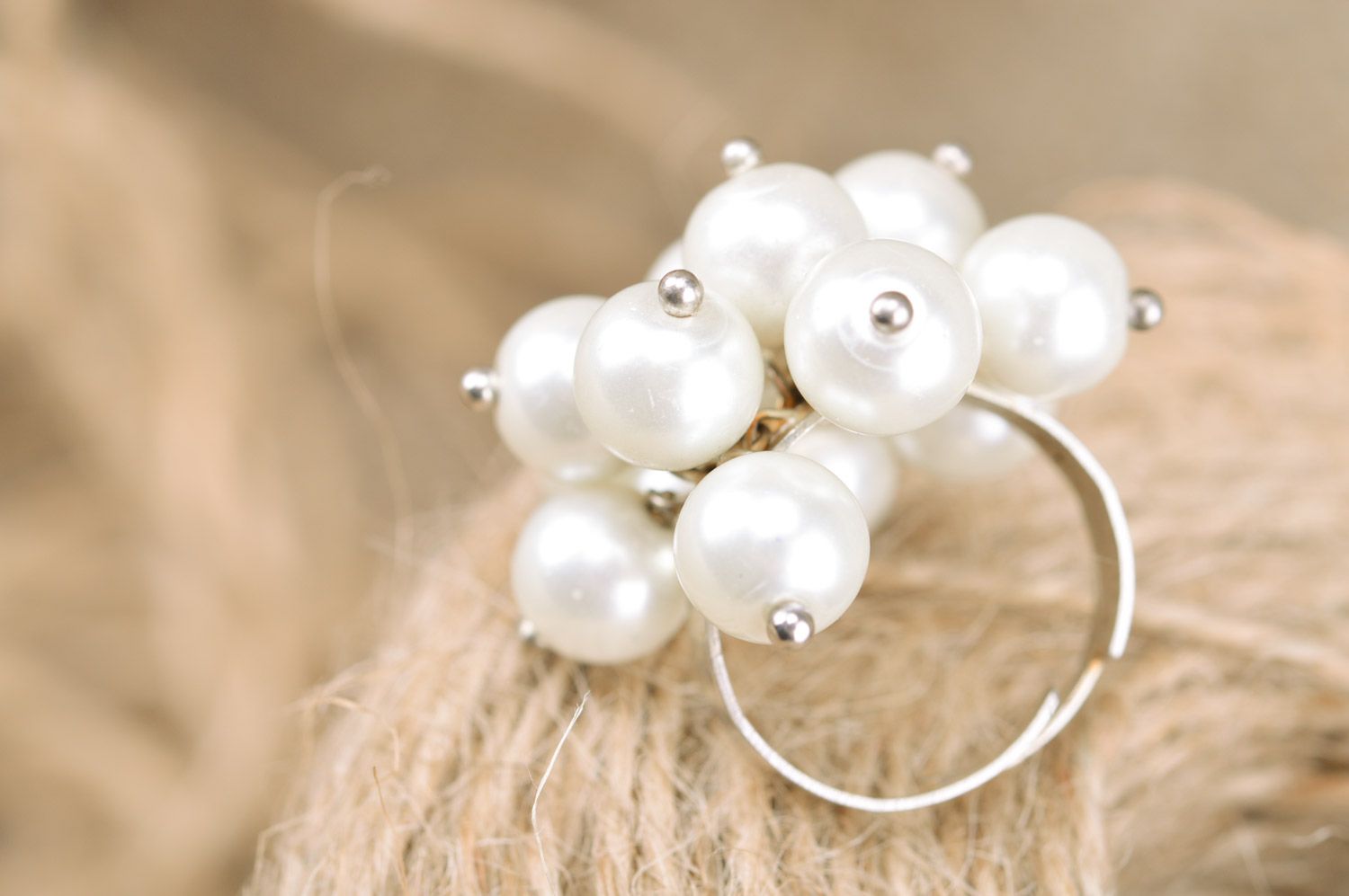 Beautiful festive handmade women's pearl-like beaded ring photo 5
