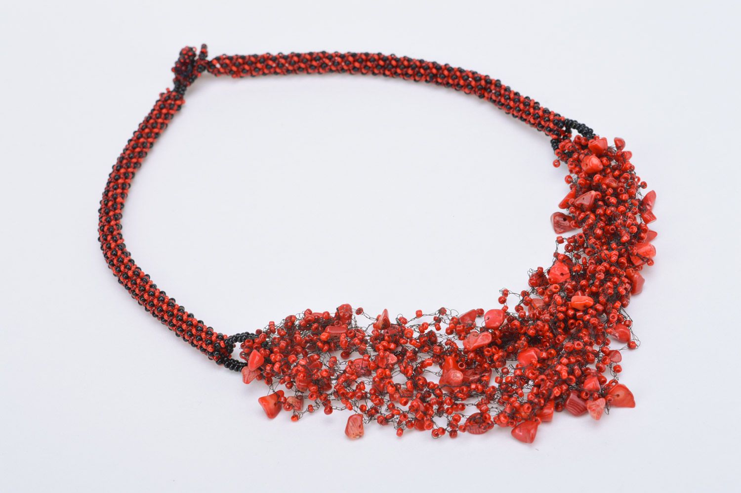 Festive handmade evening necklace woven of Czech beads of red color photo 2