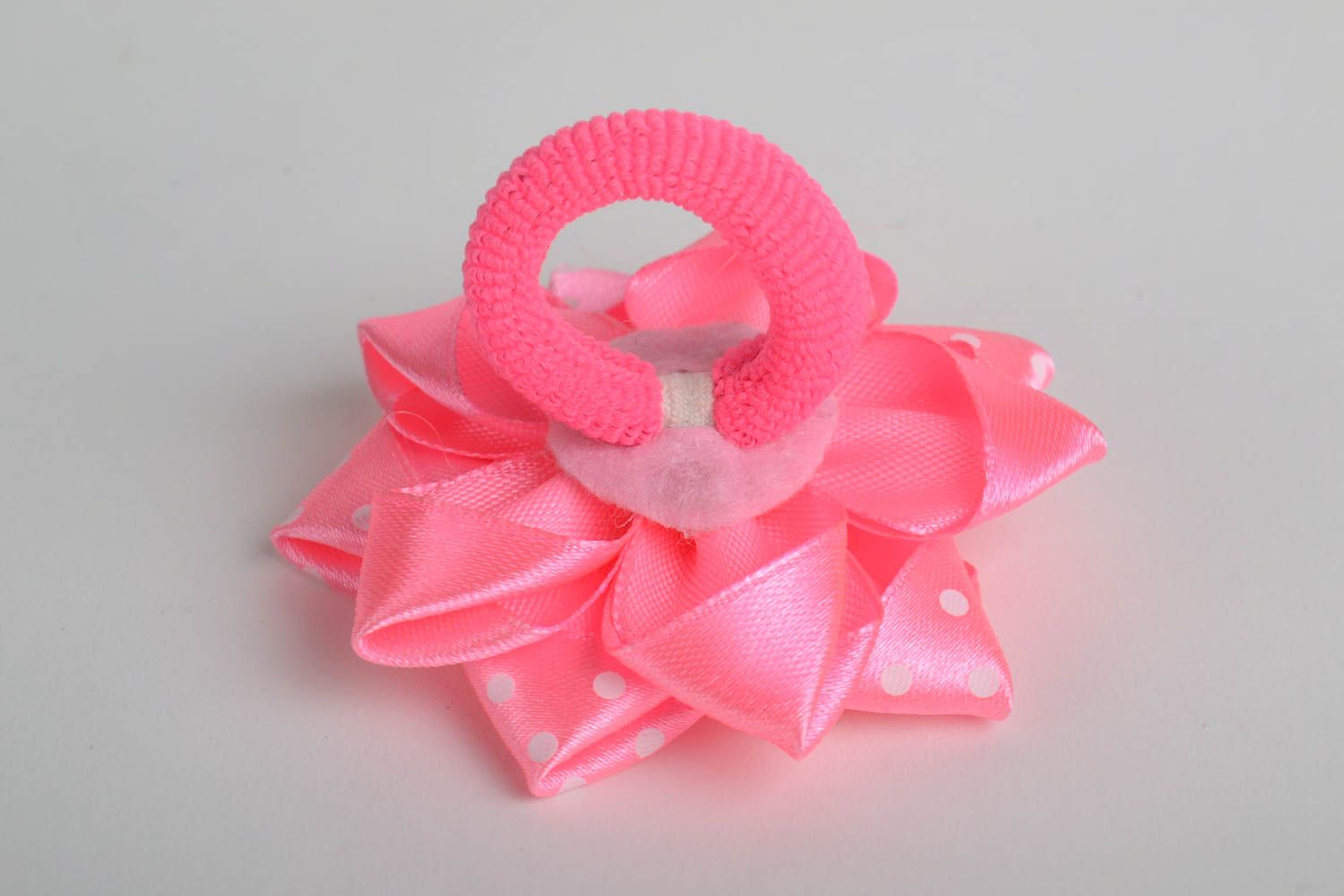 Handmade decorative hair tie with bright pink satin ribbon kanzashi flower photo 2