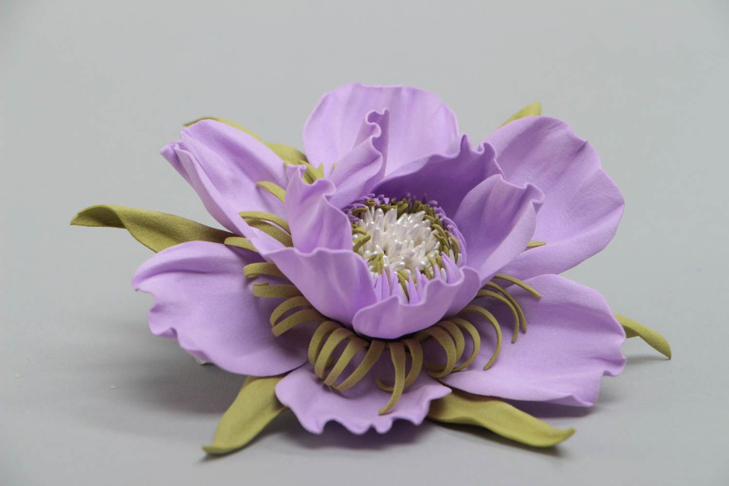 Handmade decorative hair clip with volume large tender violet foamiran flower photo 3