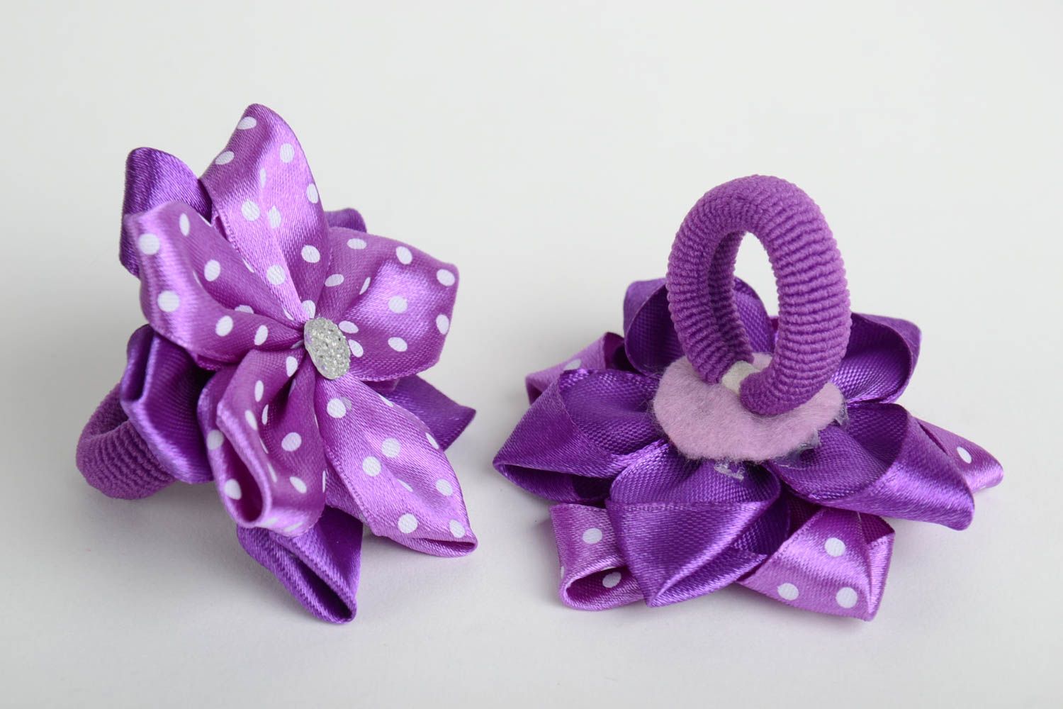 Handmade hair clips with violet satin ribbon kanzashi flowers set of 2 items photo 5