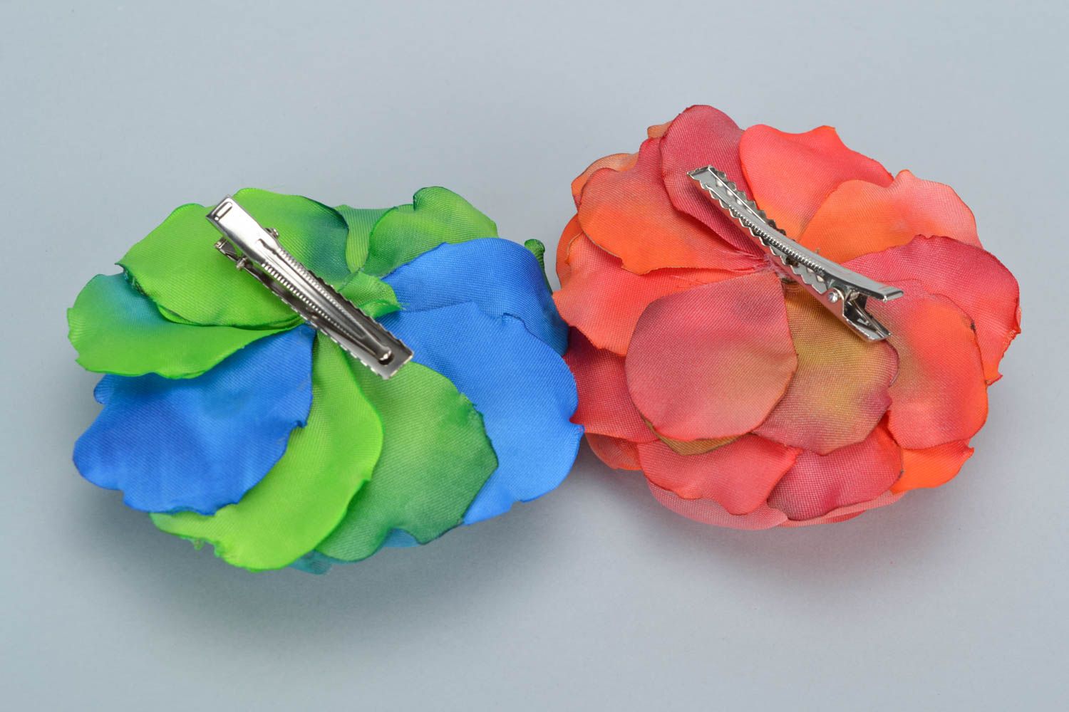 Pink and blue handmade designer organza and satin flower hair clips 2 pieces photo 3