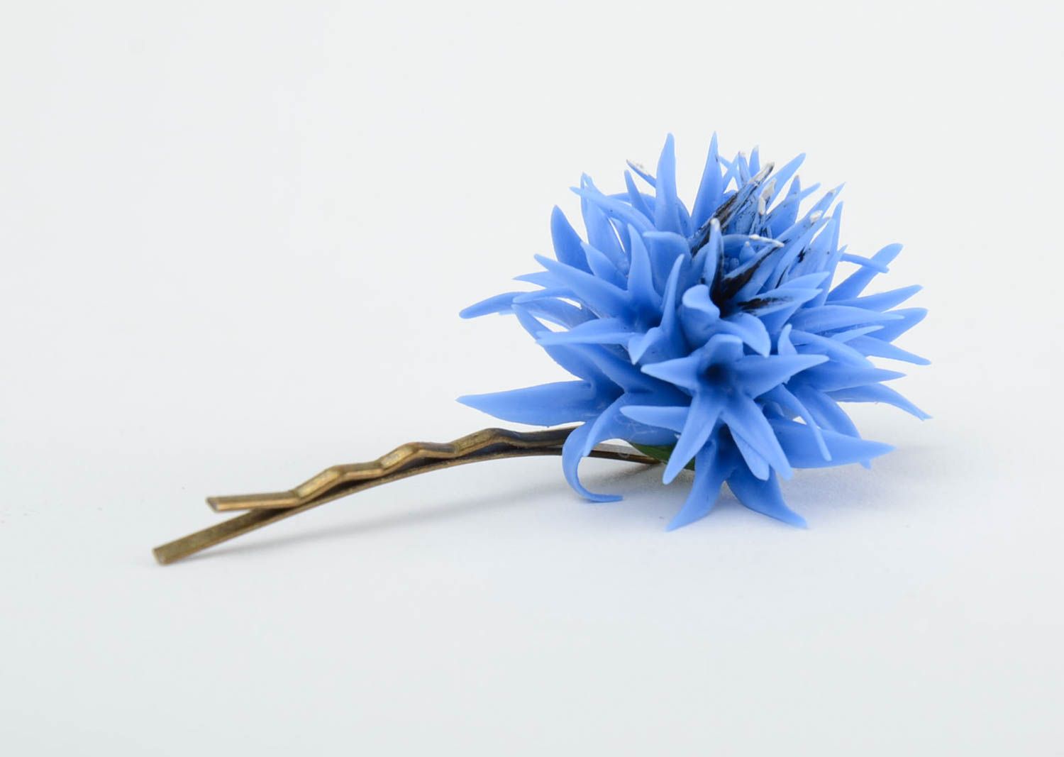Handmade decorative metal hair pin with cold porcelain volume blue cornflower photo 4