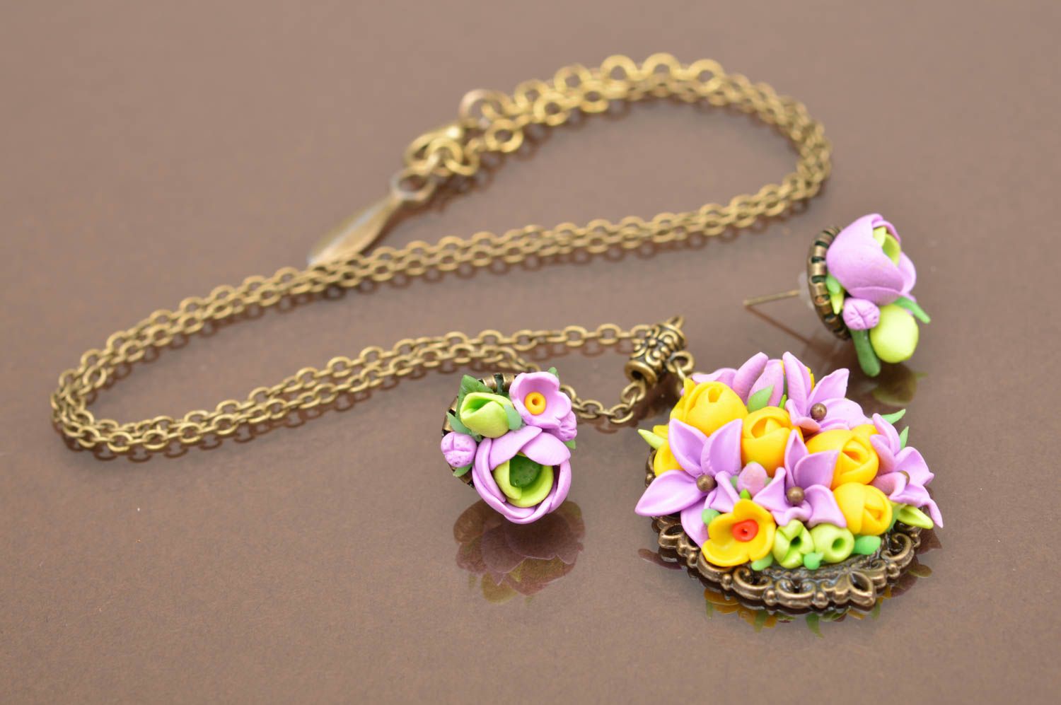 Set of handmade bright floral polymer clay jewelry necklace and stud earrings photo 2