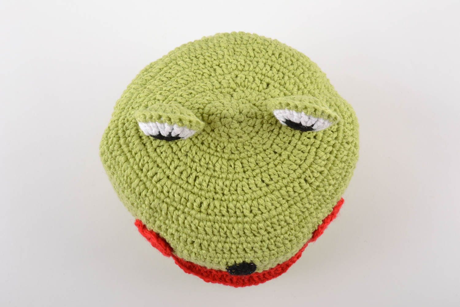 Handmade crocheted hat made of cotton threads in the form of green frog for boys photo 2