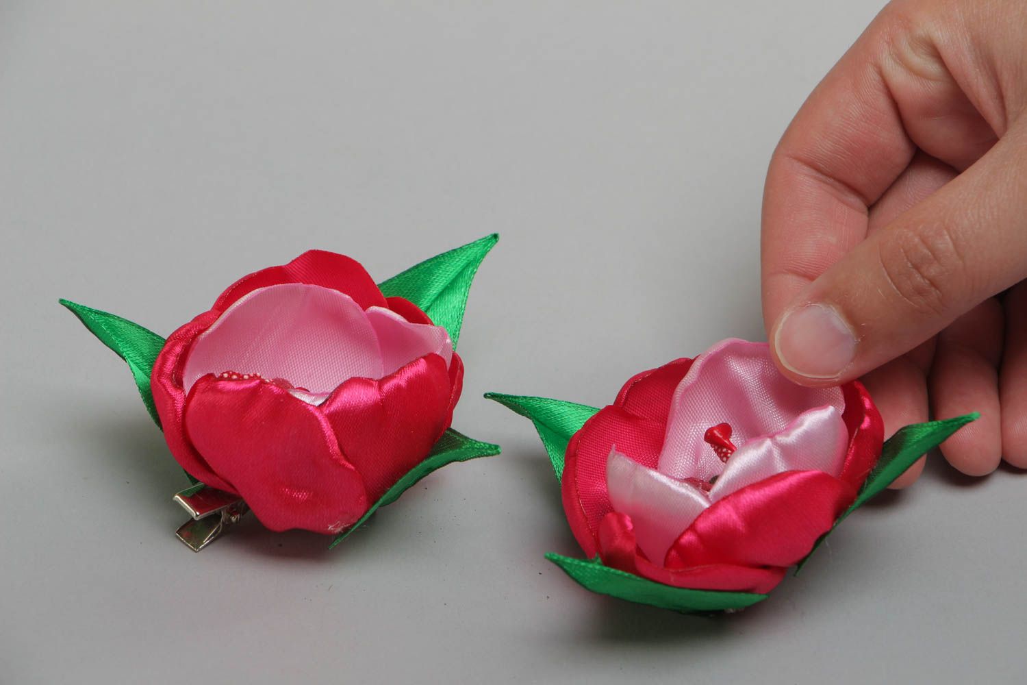 Beautiful handmade satin ribbon flower hair clips for children 2 piece Peonies photo 5