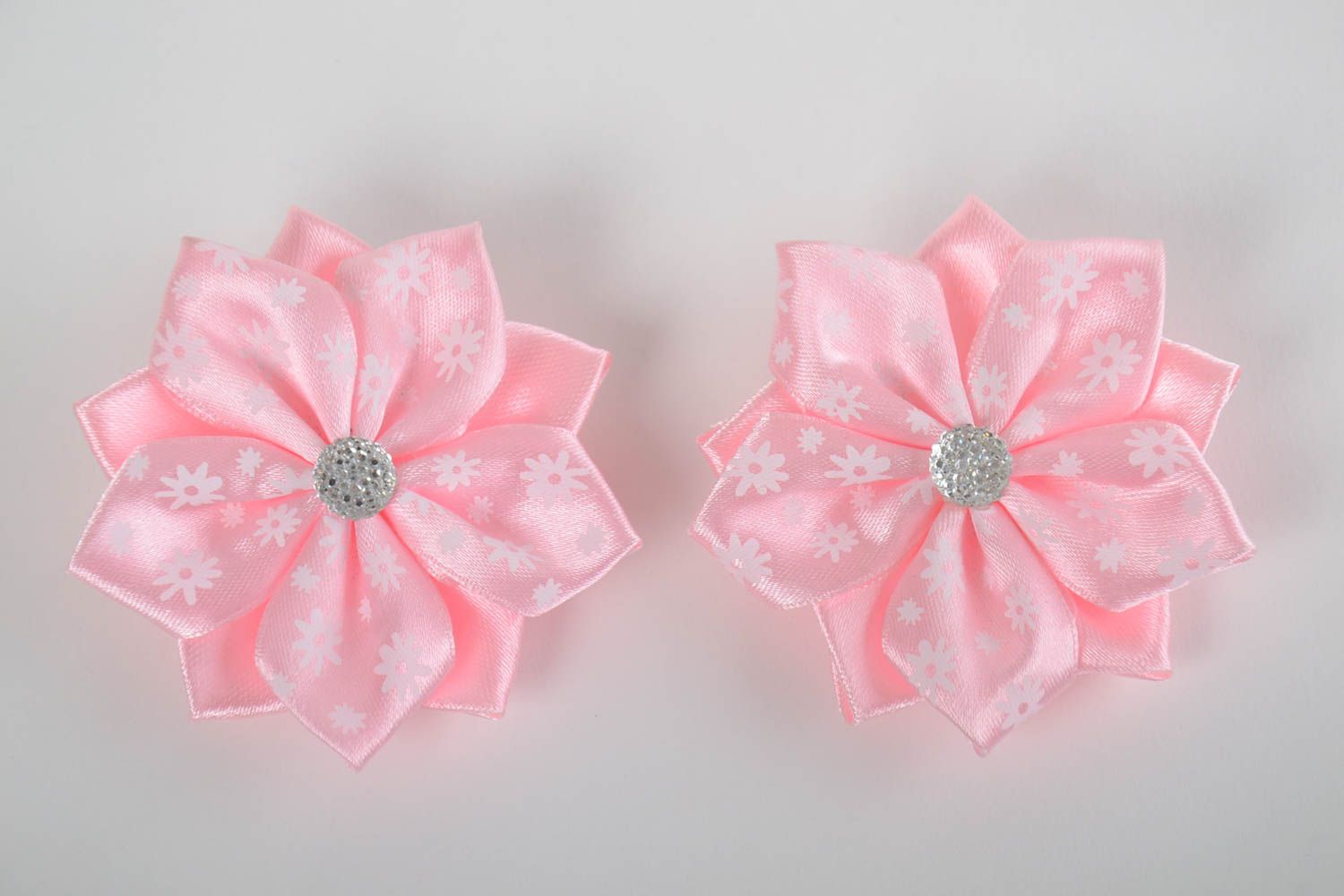 Handmade pink hair clips made of satin ribbons for kids 2 pieces photo 2
