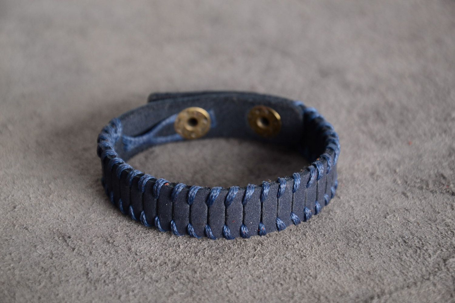 Laconic handmade blue genuine leather wrist bracelet with synthetic cord unisex photo 1