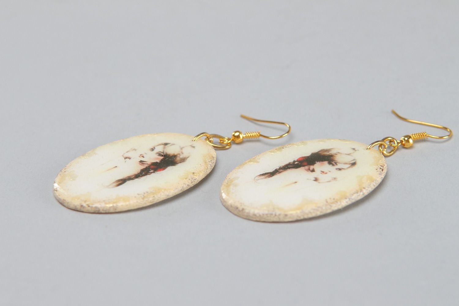 Handmade vintage polymer clay dangle earrings with epoxy resin and print for women photo 2