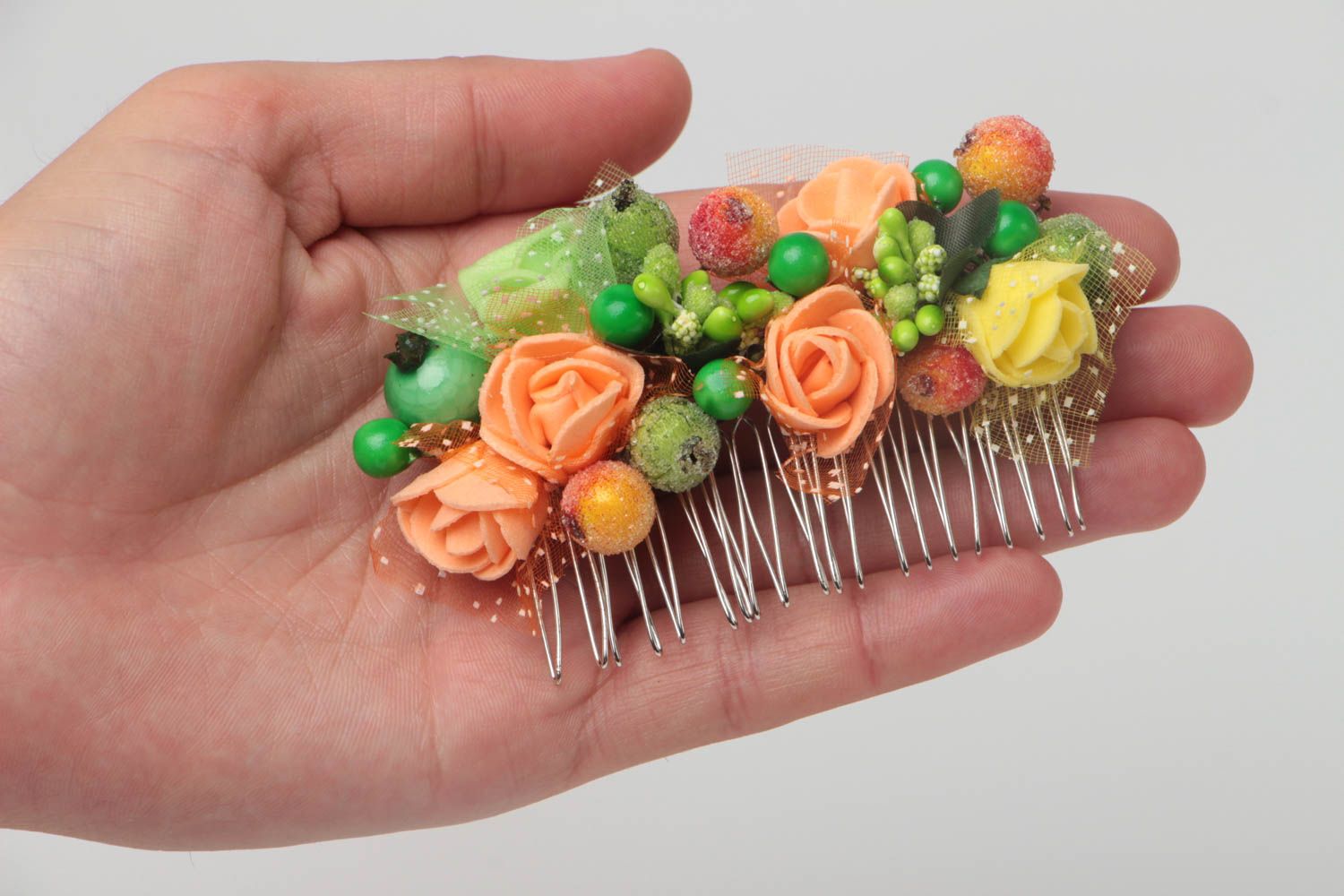 Beautiful handmade hair comb with flowers berries and stamens photo 5