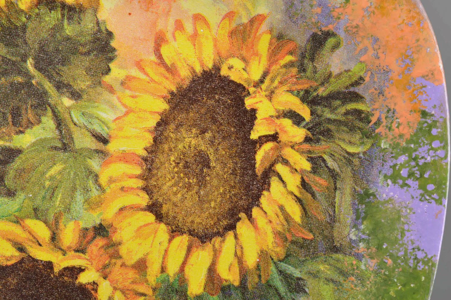 Homemade designer decoupage decorative glass plate with image of sunflowers photo 3