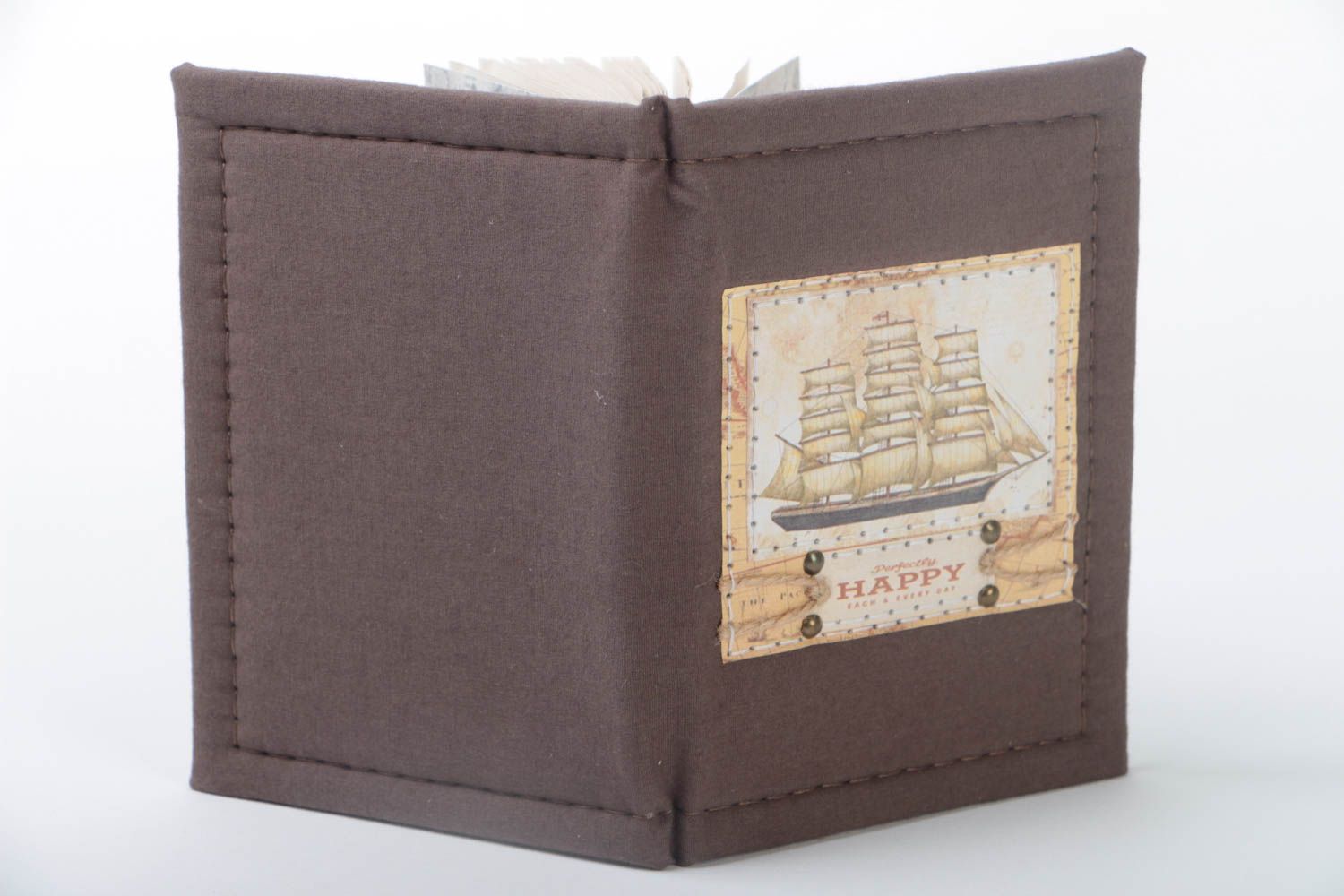 Блокнот с тканевой обложкой коричневый с изображением корабля красивый хэнд мейд фото 2