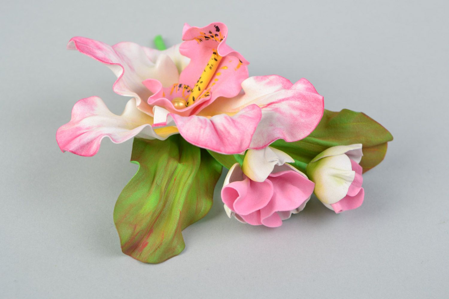 Handmade brooch with volume plastic suede orchid flower for jacket or blouse photo 4