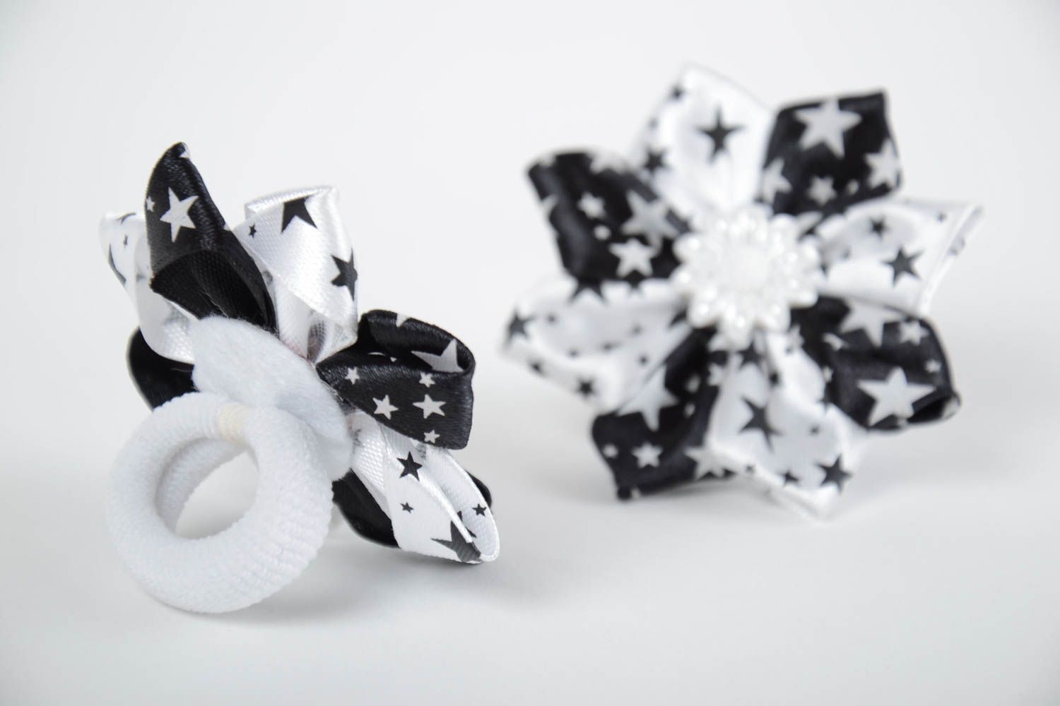 Handmade black and white hair ties with flowers made of satin ribbons 2 pieces photo 2