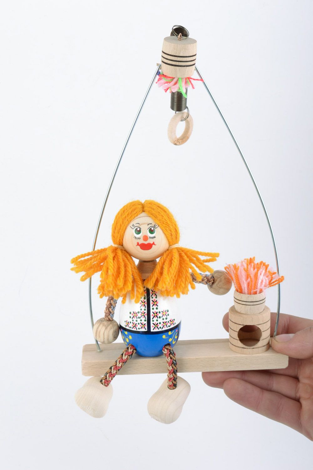 Handmade wooden decorative eco-friendly toy girl on the swing nice present for baby  photo 1