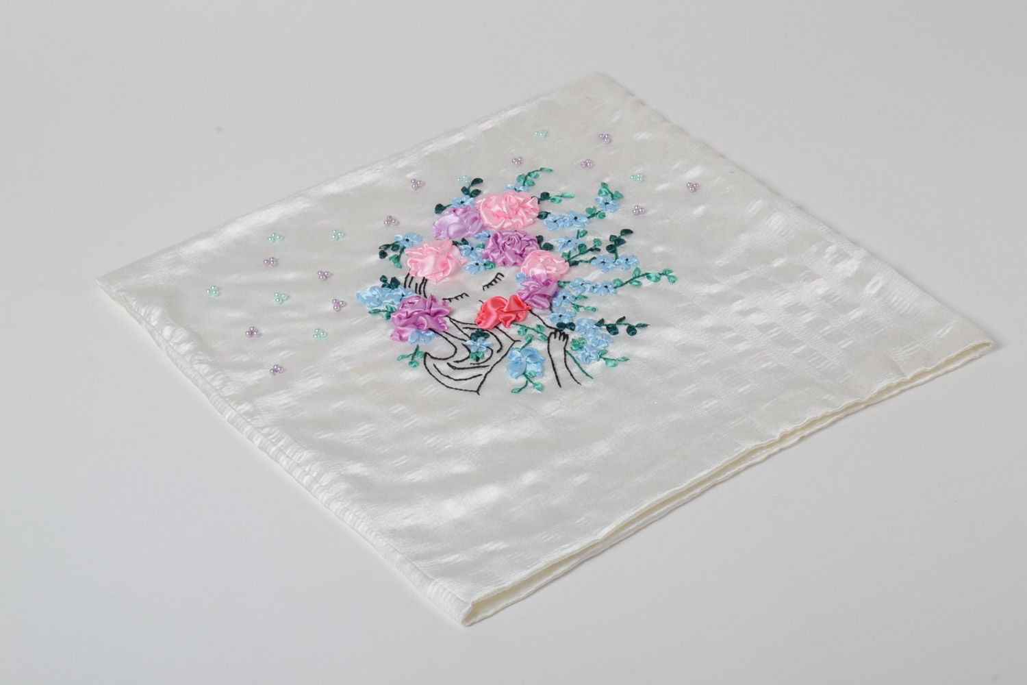 Handmade gabardine pillow case embroidered with ribbons and equipped with zipper White with Flowers photo 2